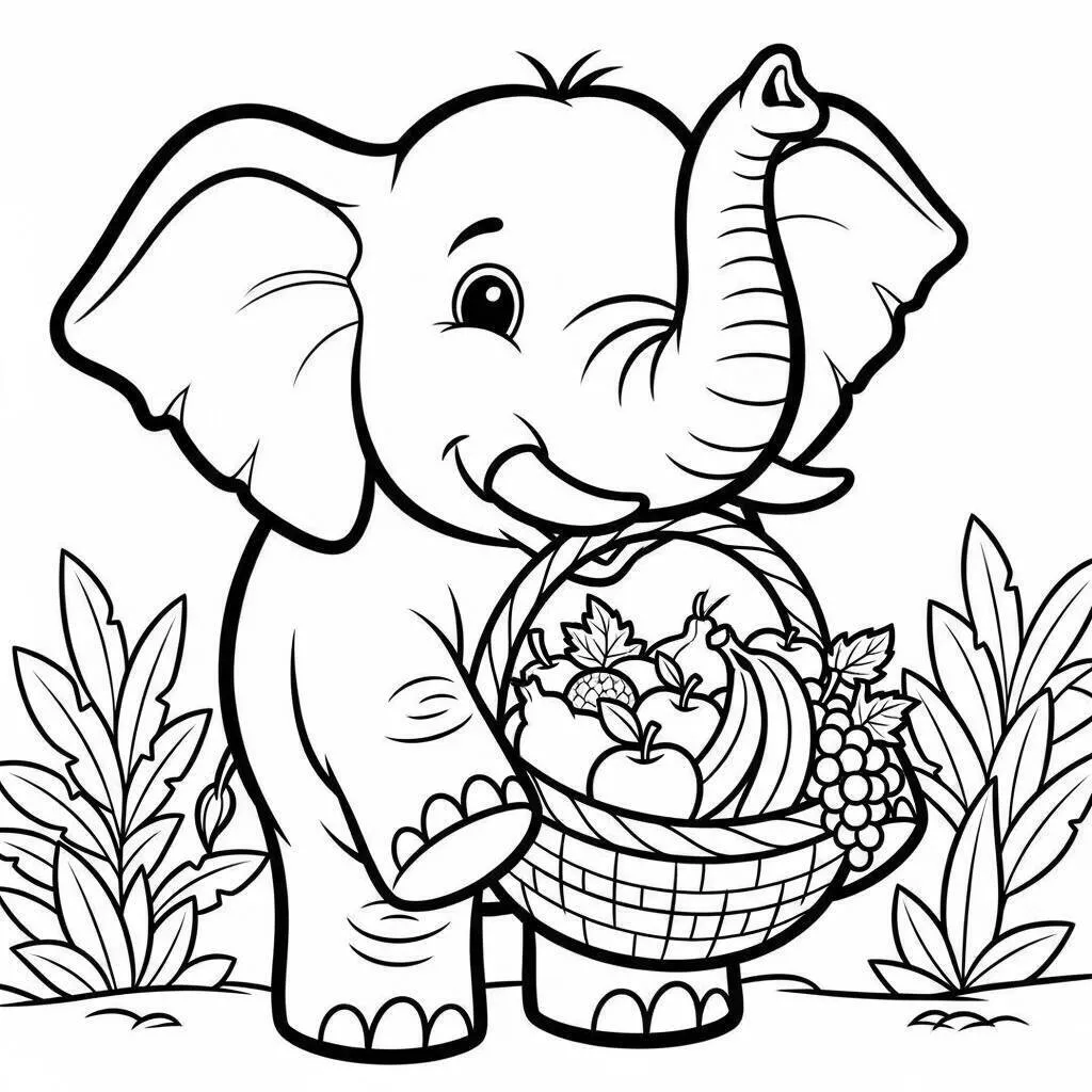 Desenho de Elefante Feliz com Cesta de Frutas para Colorir
