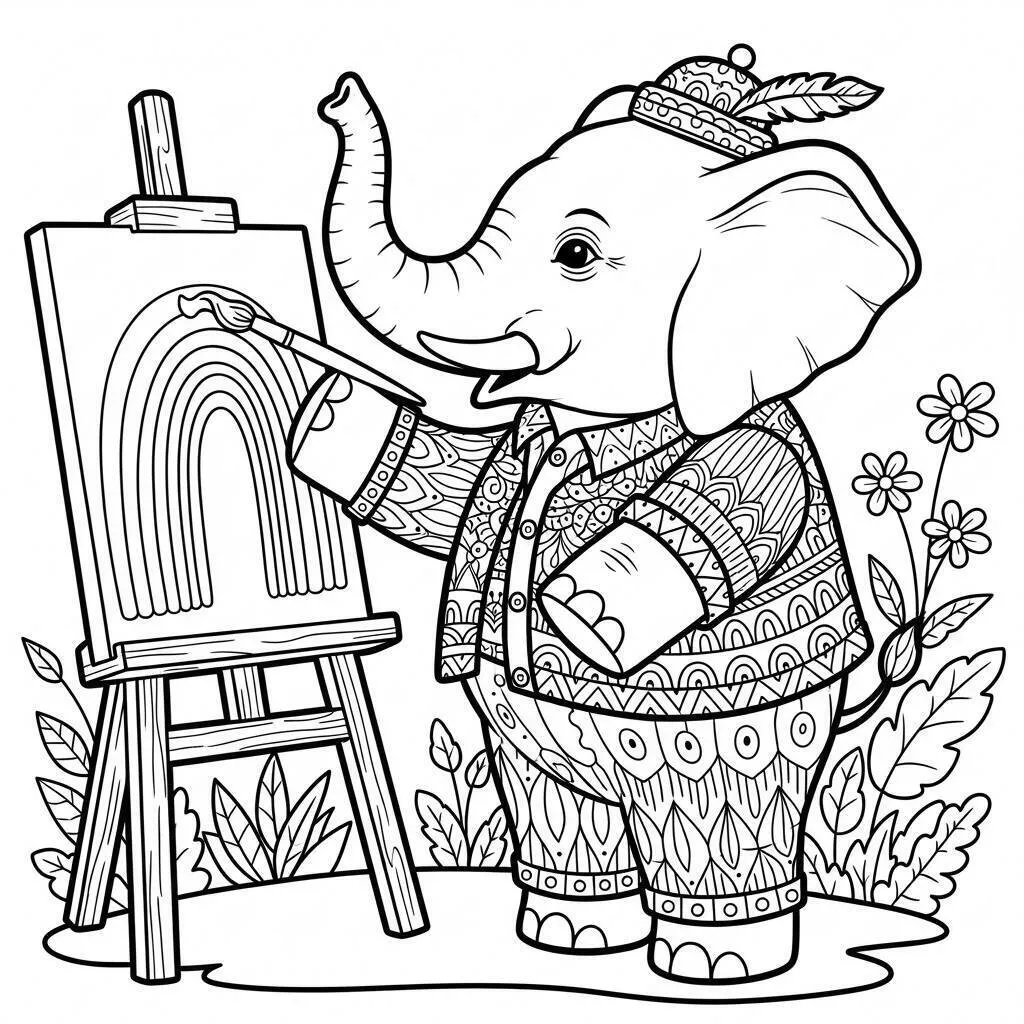 Desenho de Elefante Artista Pintando um Arco Íris para Colorir