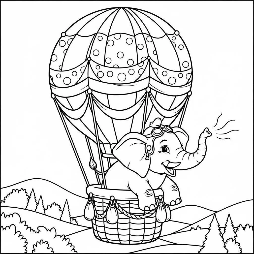 Elefante en globo aerostático Dibujo para colorear