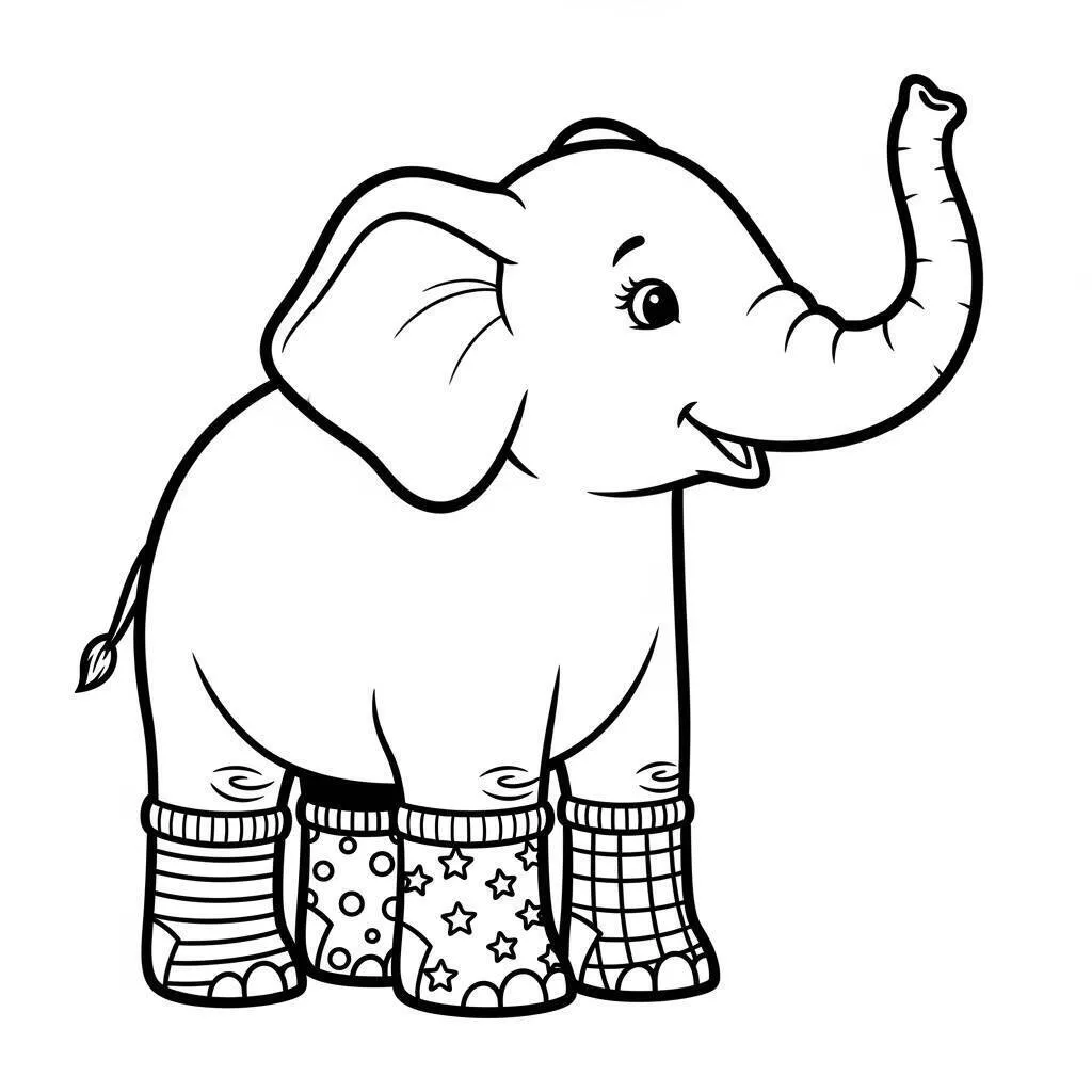 Desenho de Elefante Fofo com Meias para Colorir