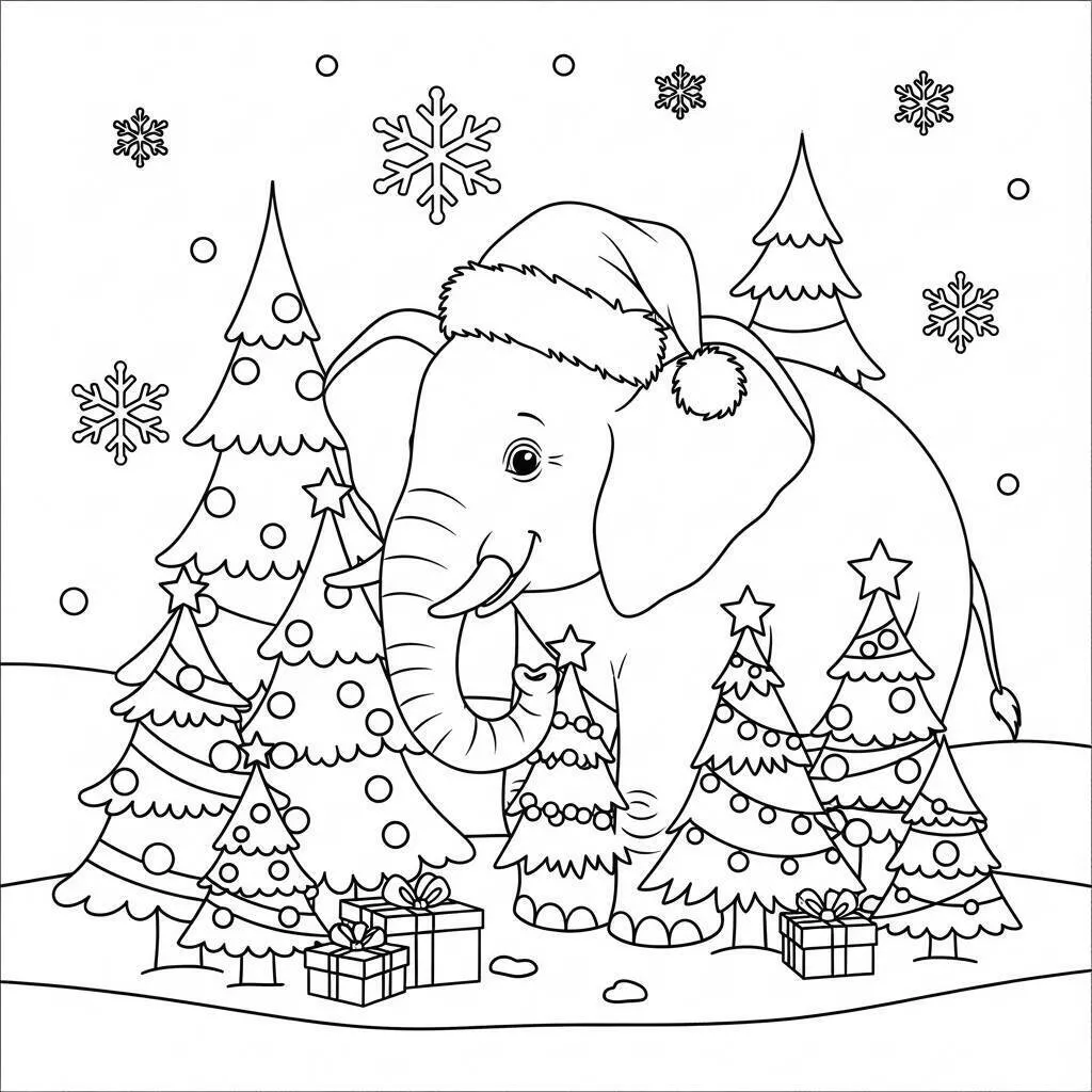Desenho de Elefante com Chapéu de Natal para Colorir
