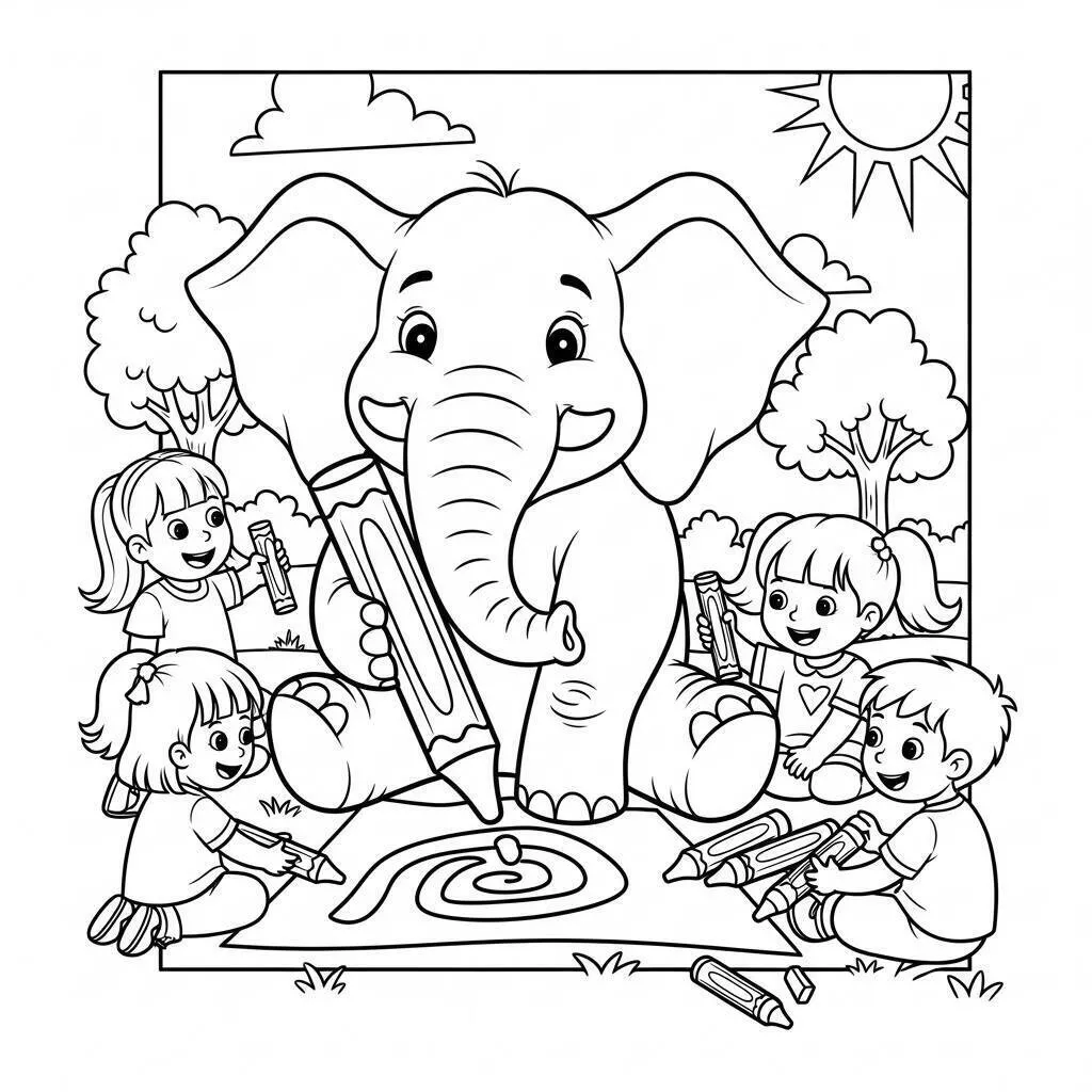 Desenho de Elefante Brincando com Crianças para Colorir