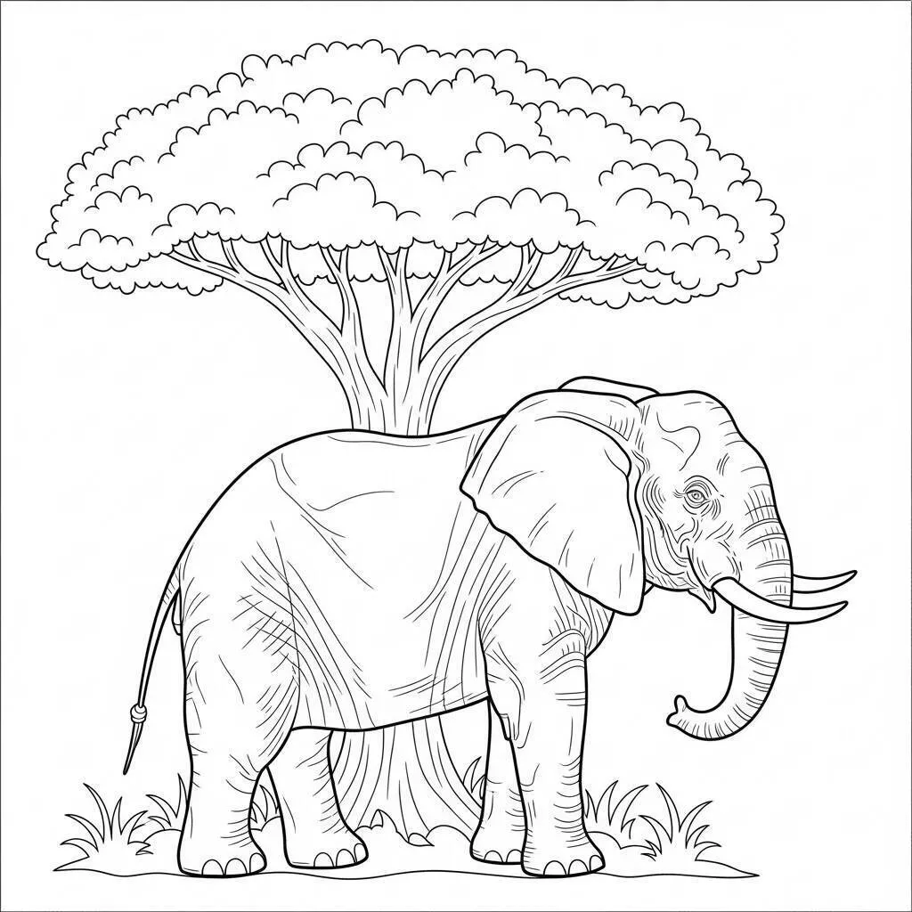 Desenho de Elefante embaixo de uma Árvore para Colorir