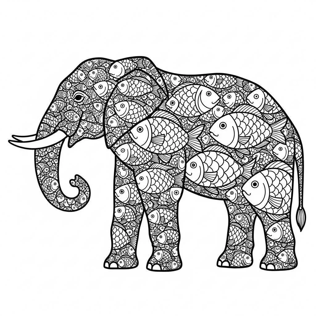 Desenho de Elefante Decorado com Peixes para Colorir
