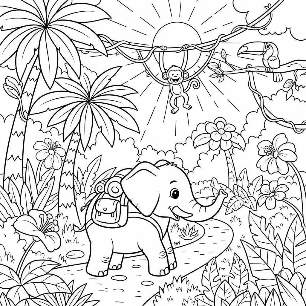 Desenho de Elefante Aventureiro na Floresta para Colorir