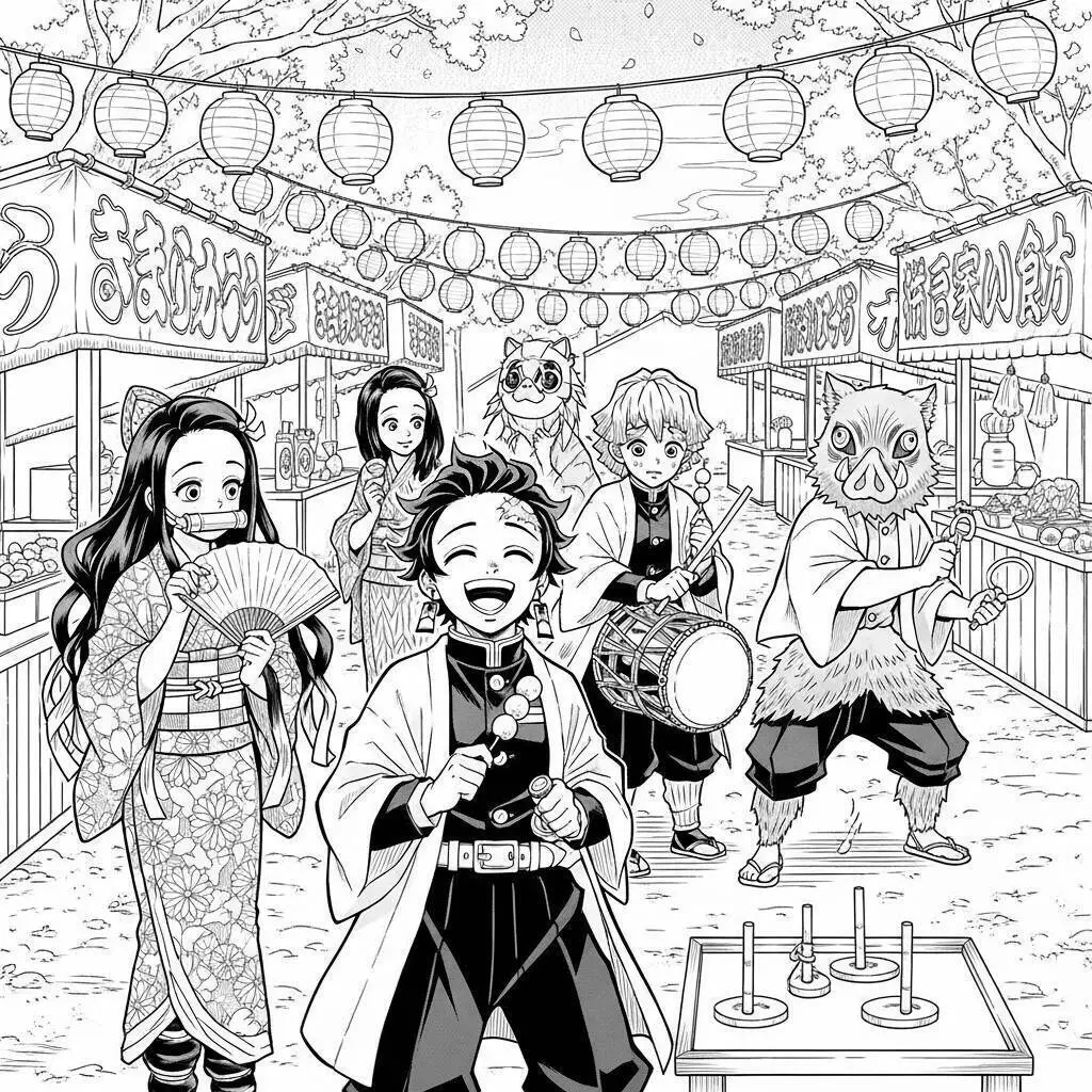 Coloriage Tueur de démons avec Tanjiro et Nezuko en Festival