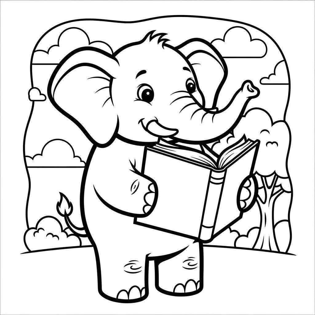 Desenho de Elefante Lendo um Livro para Colorir