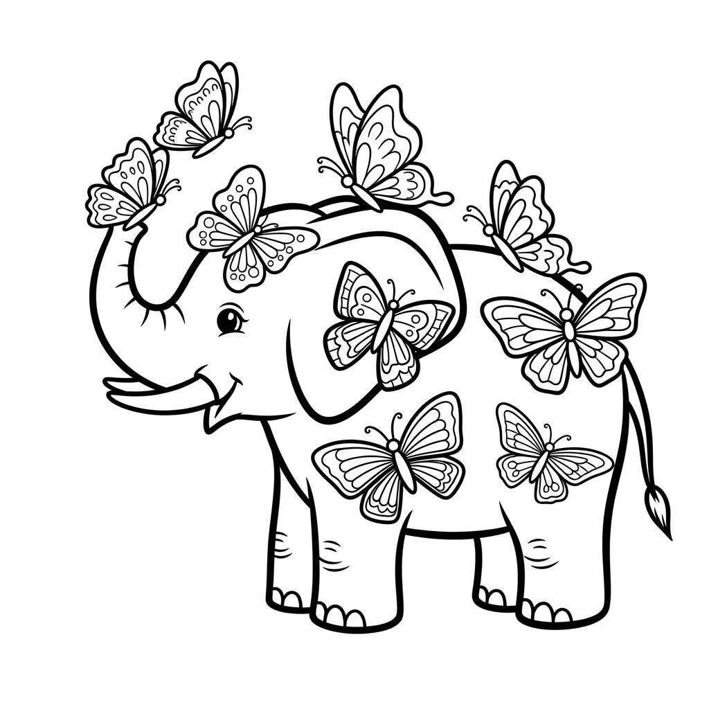 Desenho de Elefante com Borboletas para Colorir