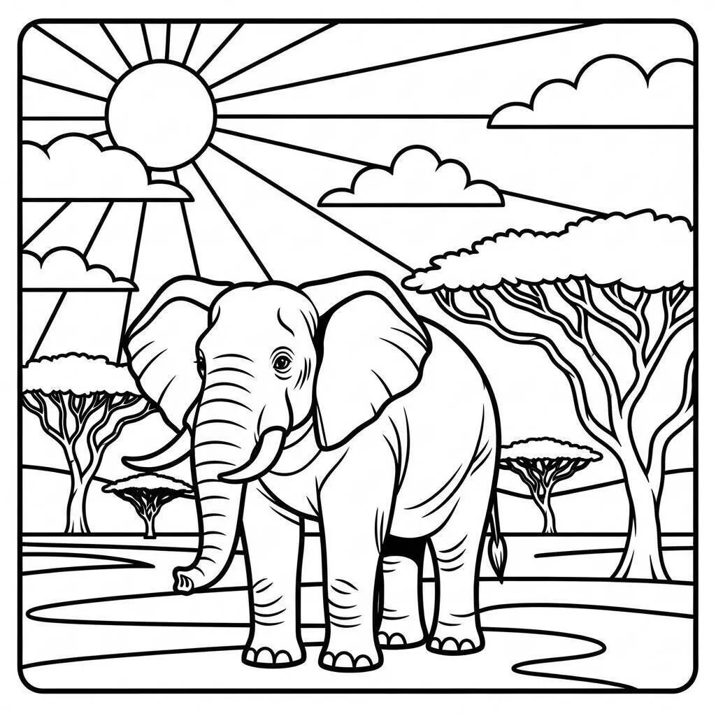Dibujo de Elefante en la Sabana con Sol Radiante para colorear