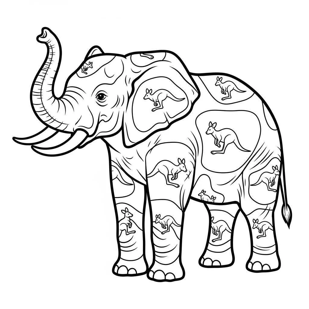 Página para colorear de elefante con patrón de canguro