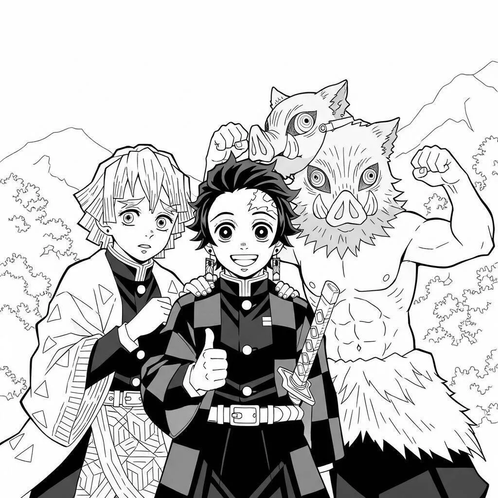 Desenho de Demon Slayer do Tanjiro, Zenitsu e Inosuke para Colorir