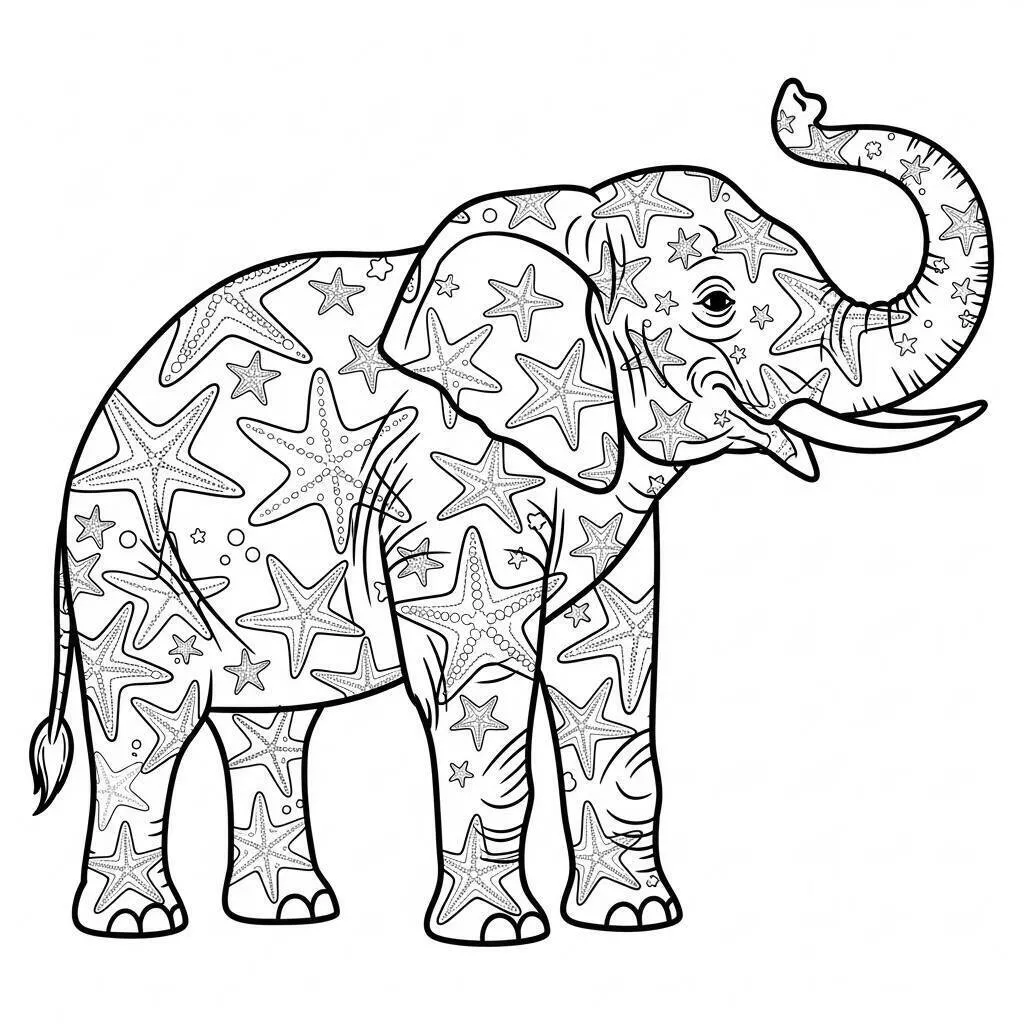 Desenho de Elefante Decorado com Estrelas do Mar para Colorir