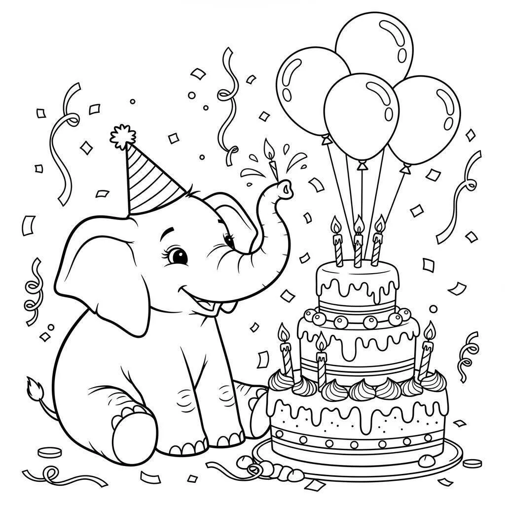 Desenho de Elefante em Festa de Aniversário com Bolo e Balões para Colorir