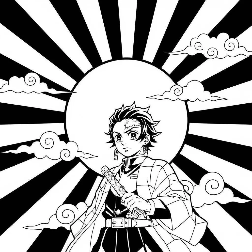 Desenho de Demon Slayer do Tanjiro Kamado com o Sol para Colorir