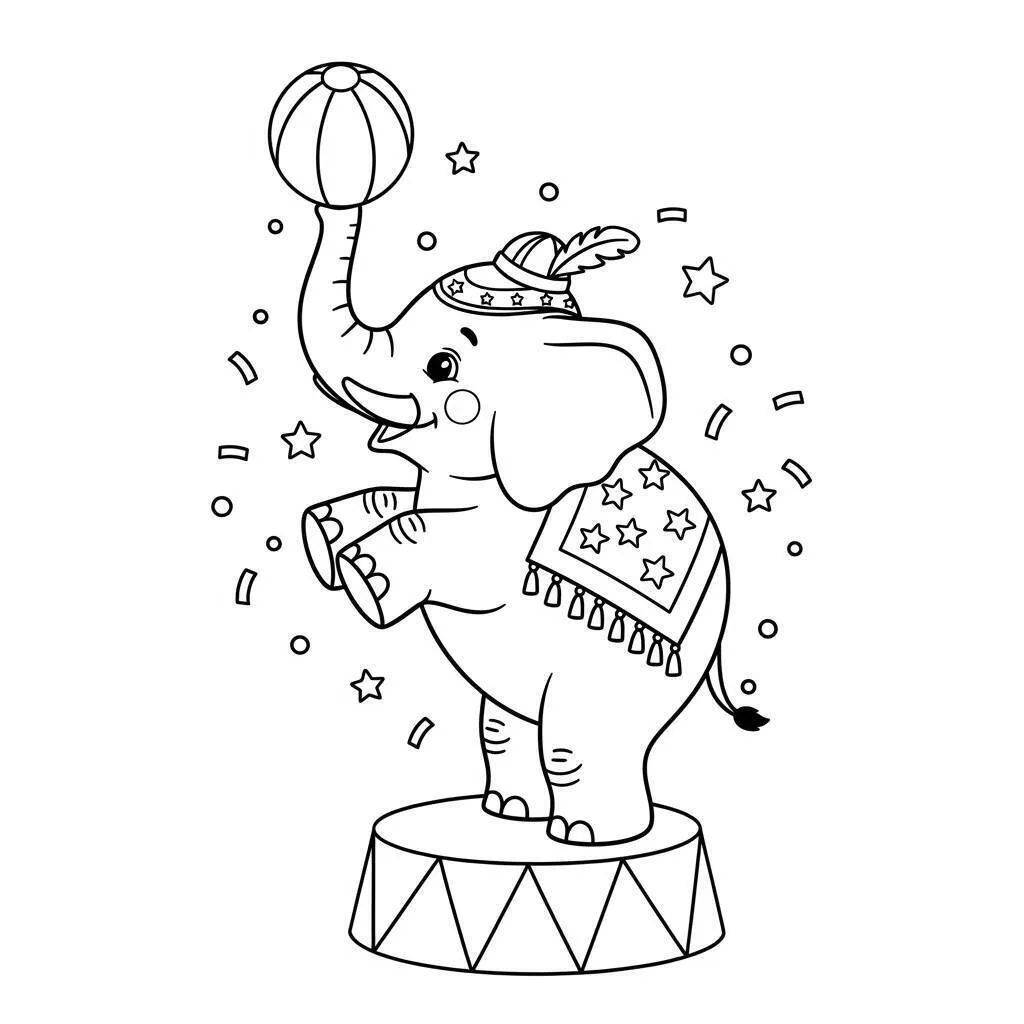 Desenho de Elefante de Circo Equilibrando Bola para Colorir