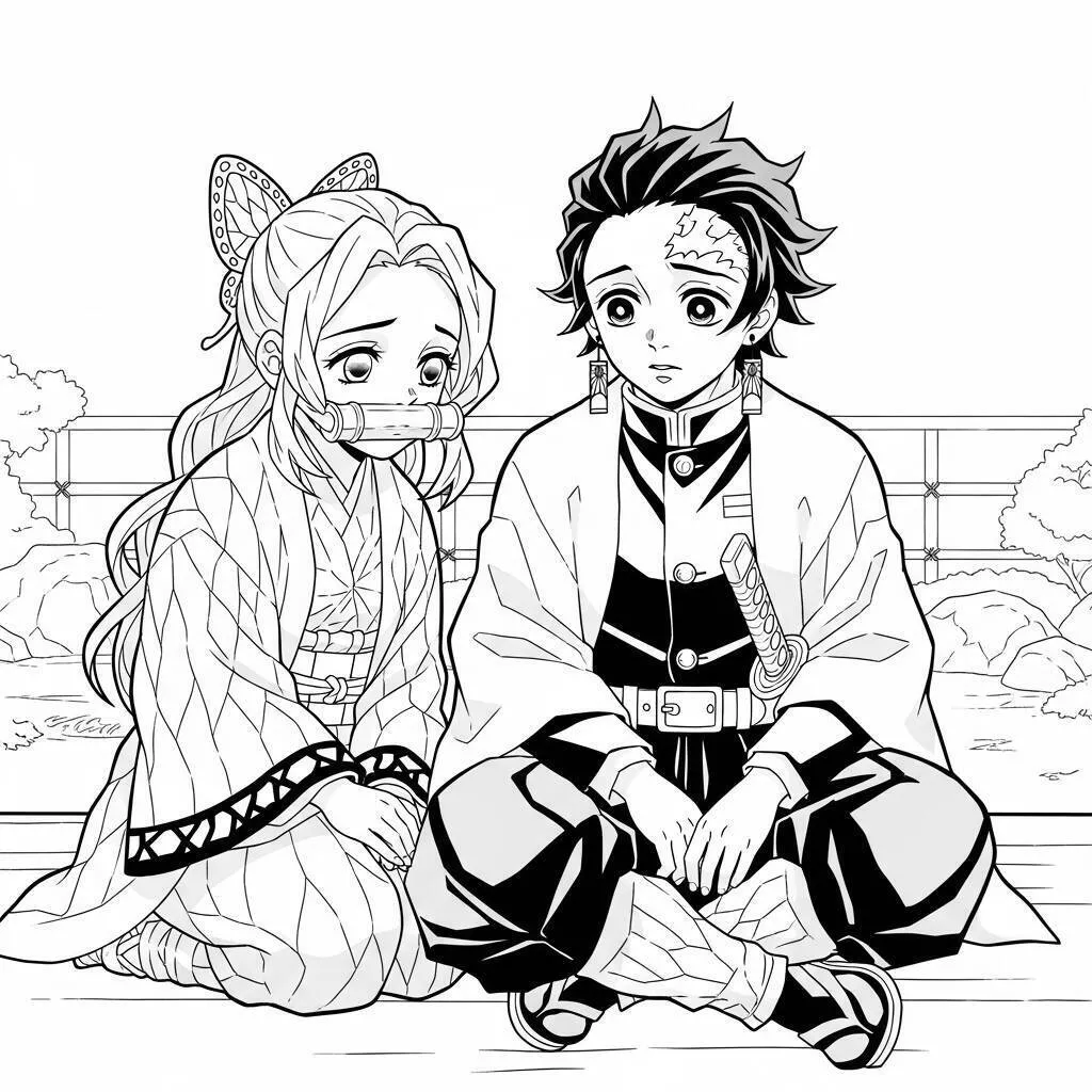 Página para colorear de asesino de demonios de Tanjiro Kamado y Nezuko Kamado