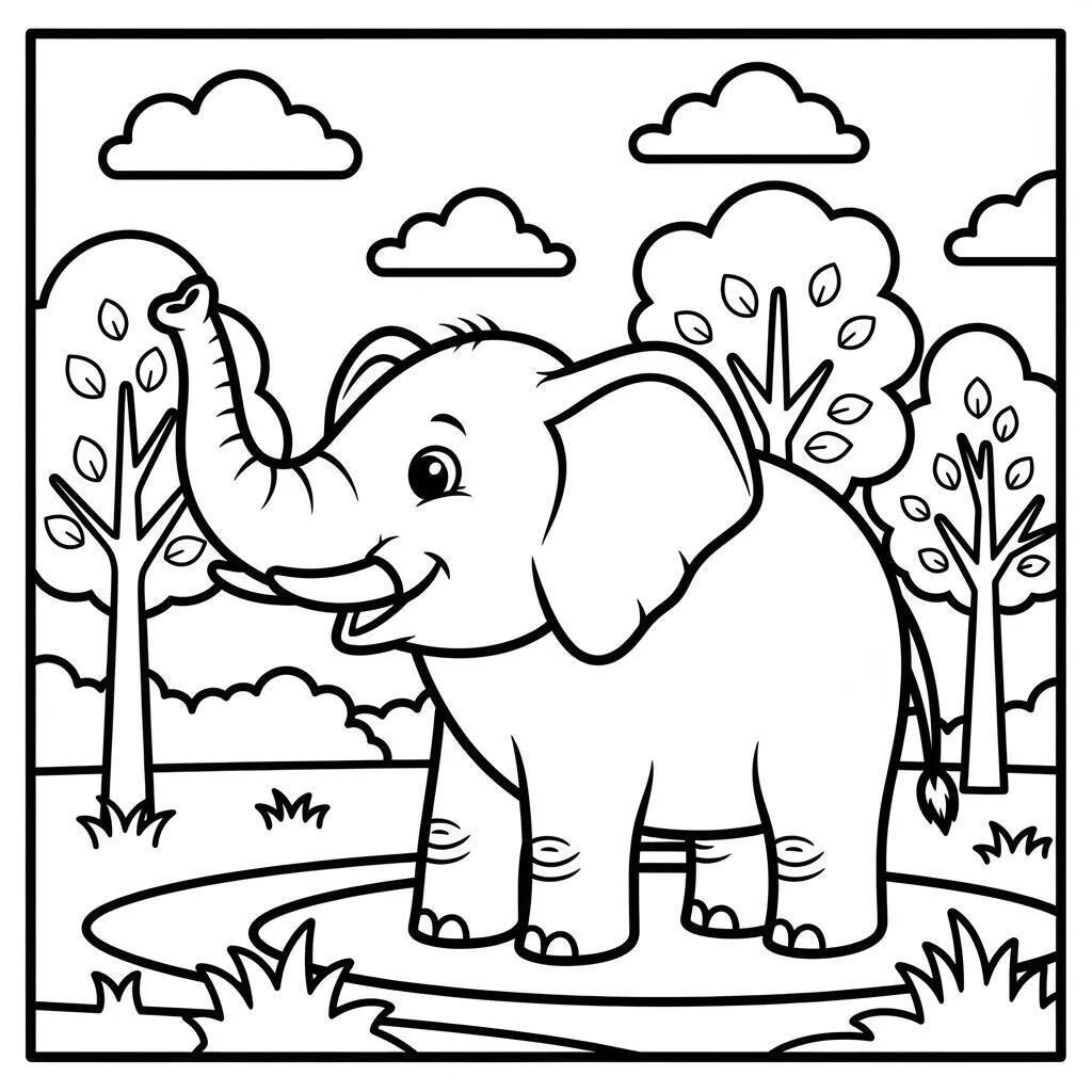 Desenho de Elefante Feliz na Floresta para Colorir