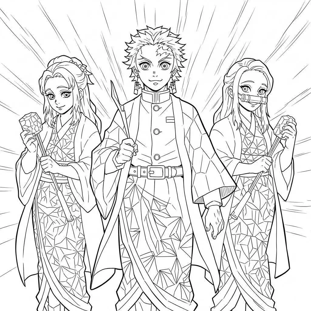 Dibujo para colorear de Tanjiro, Nezuko y Zenitsu asesino de demonios