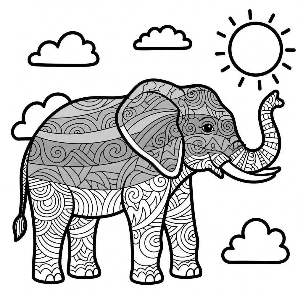 Desenho de Elefante Decorado com Nuvens e Sol para Colorir