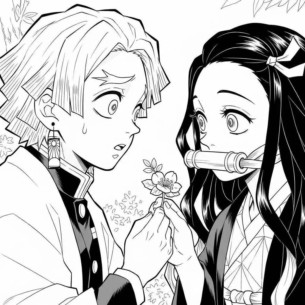 Desenho de Demon Slayer de Zenitsu Agatsuma e Nezuko Kamado para Colorir