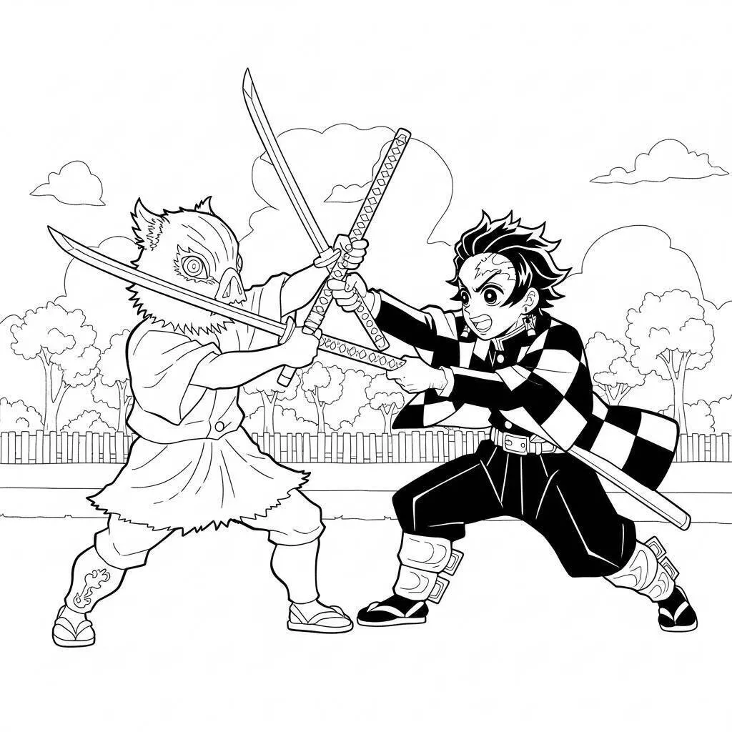 Página para colorear de asesino de demonios de Tanjiro e Inosuke
