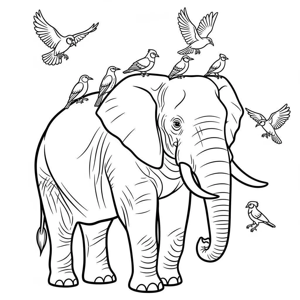 Desenho de Elefante com Pássaros para Colorir
