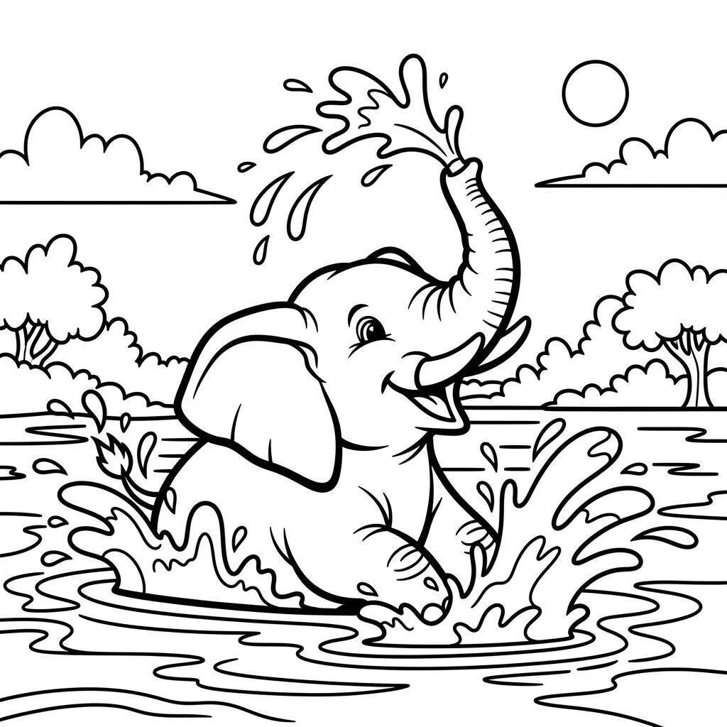 Desenho de Elefante Brincando na Água para Colorir