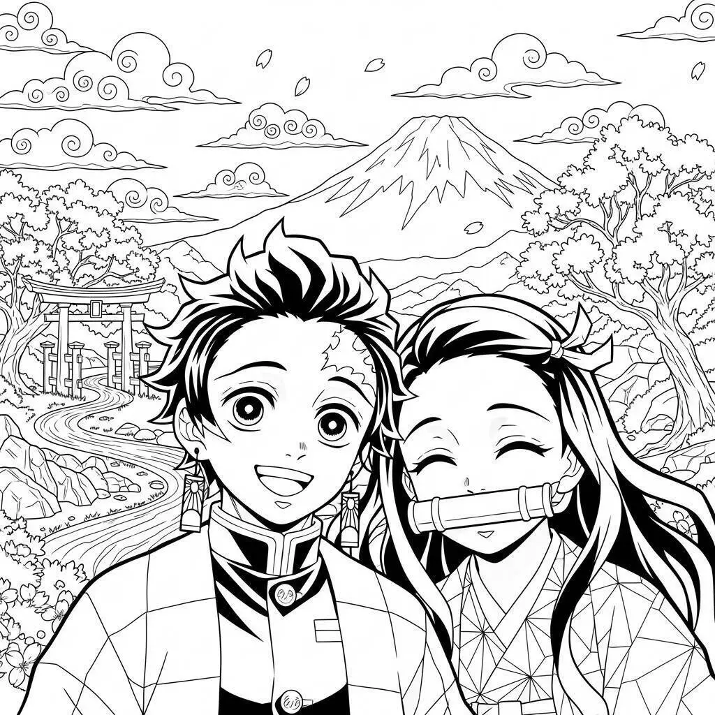 Desenho de Demon Slayer do Tanjiro Kamado e Nezuko Kamado para Colorir