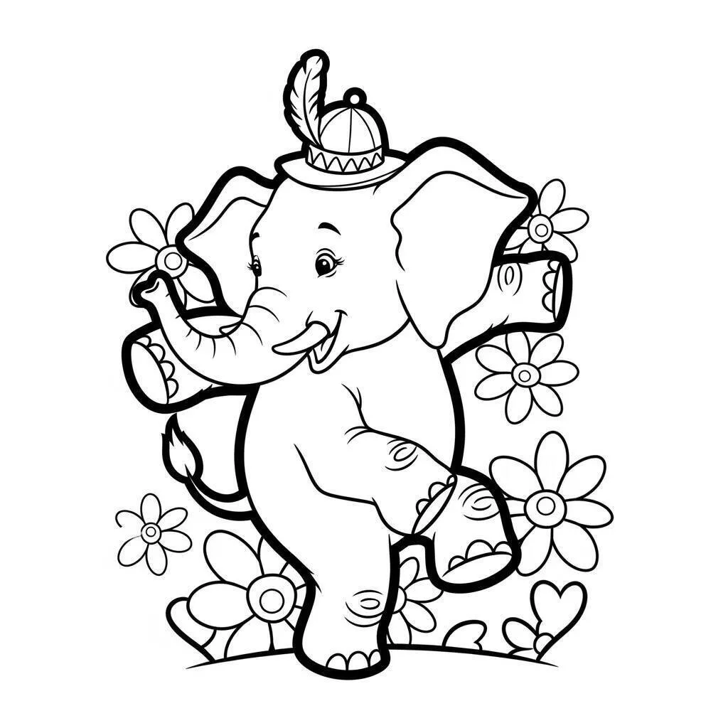 Desenho de Elefante Alegre com Flores para Colorir