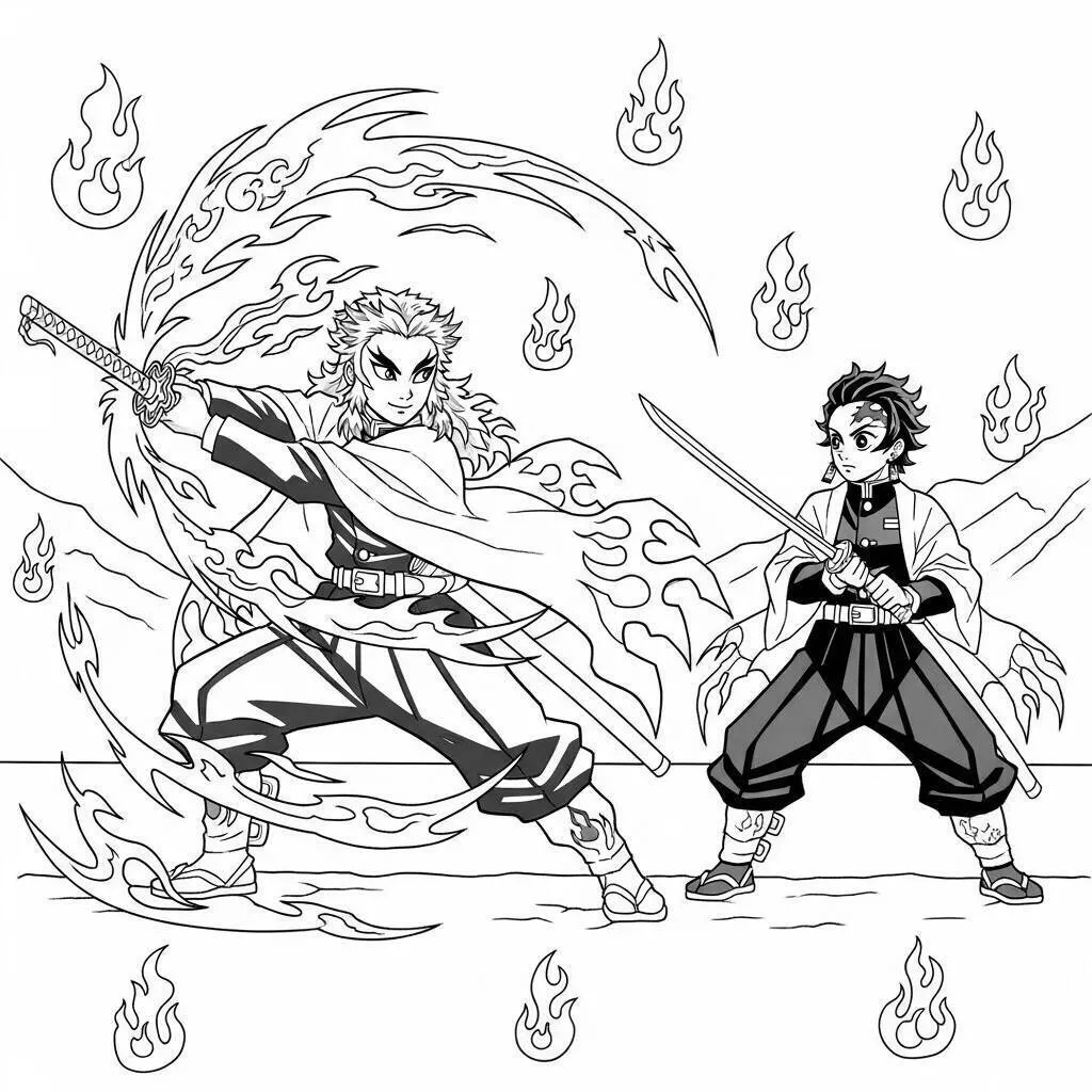 Desenho de Demon Slayer do Rengoku Kyojuro e Tanjiro Kamado para Colorir