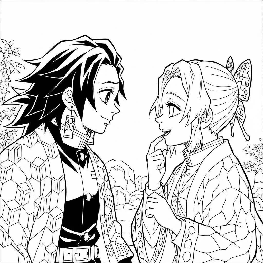 Desenho de Demon Slayer de Mitsuri Kanroji e Muichiro Tokito para Colorir