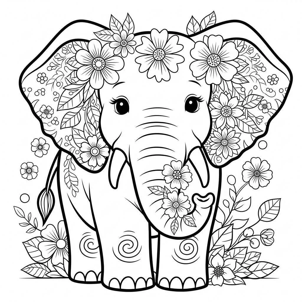 Página para colorear de elefante decorado con flores