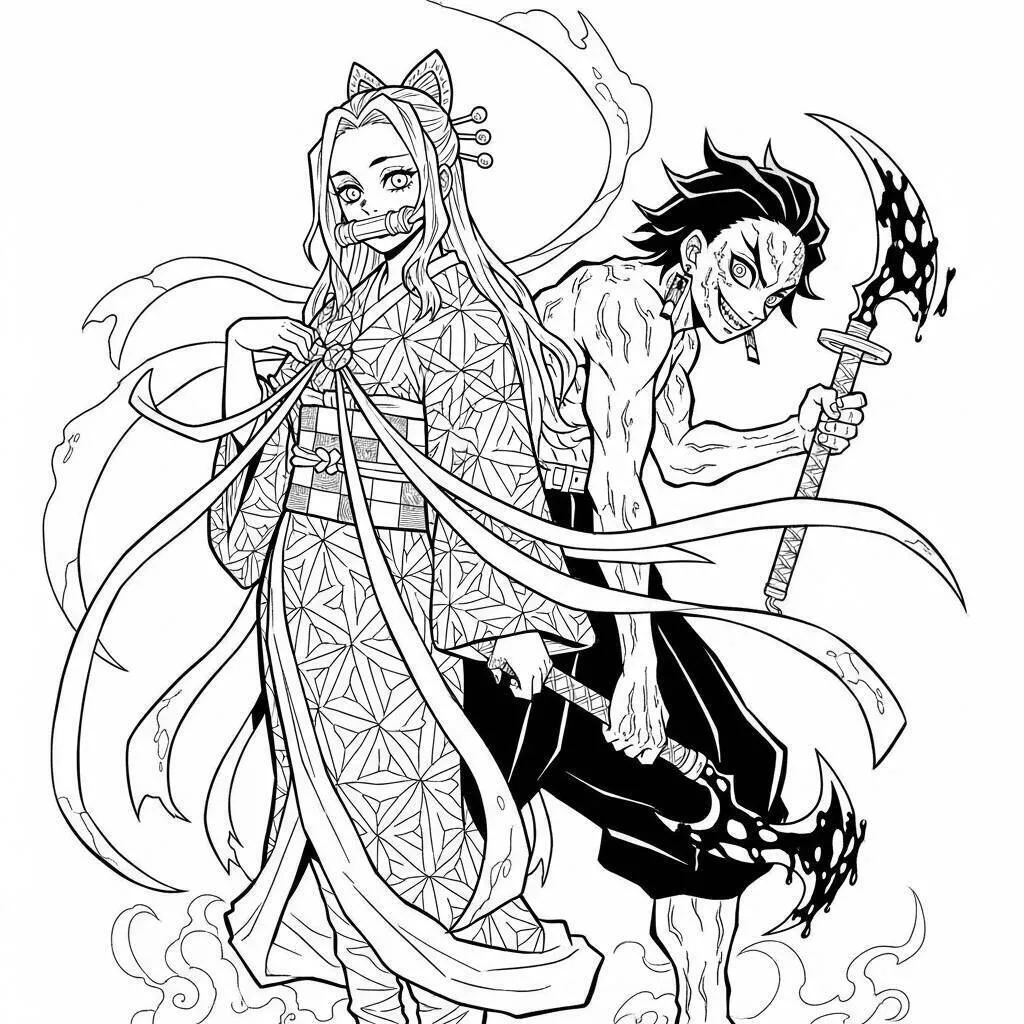 Desenho de Demon Slayer da Nezuko Kamado e Tanjiro Kamado para Colorir