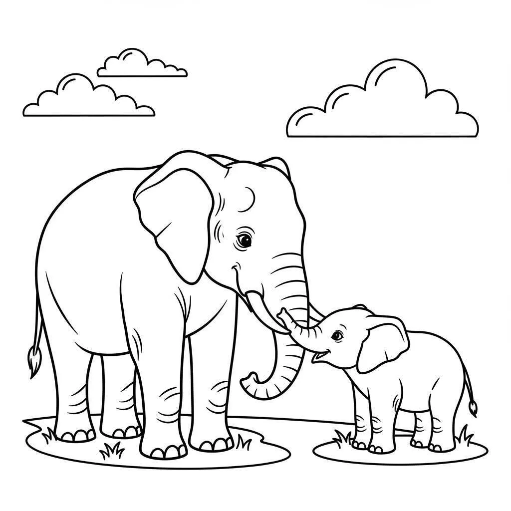 Desenho de Elefante Mãe e Filhote para Colorir