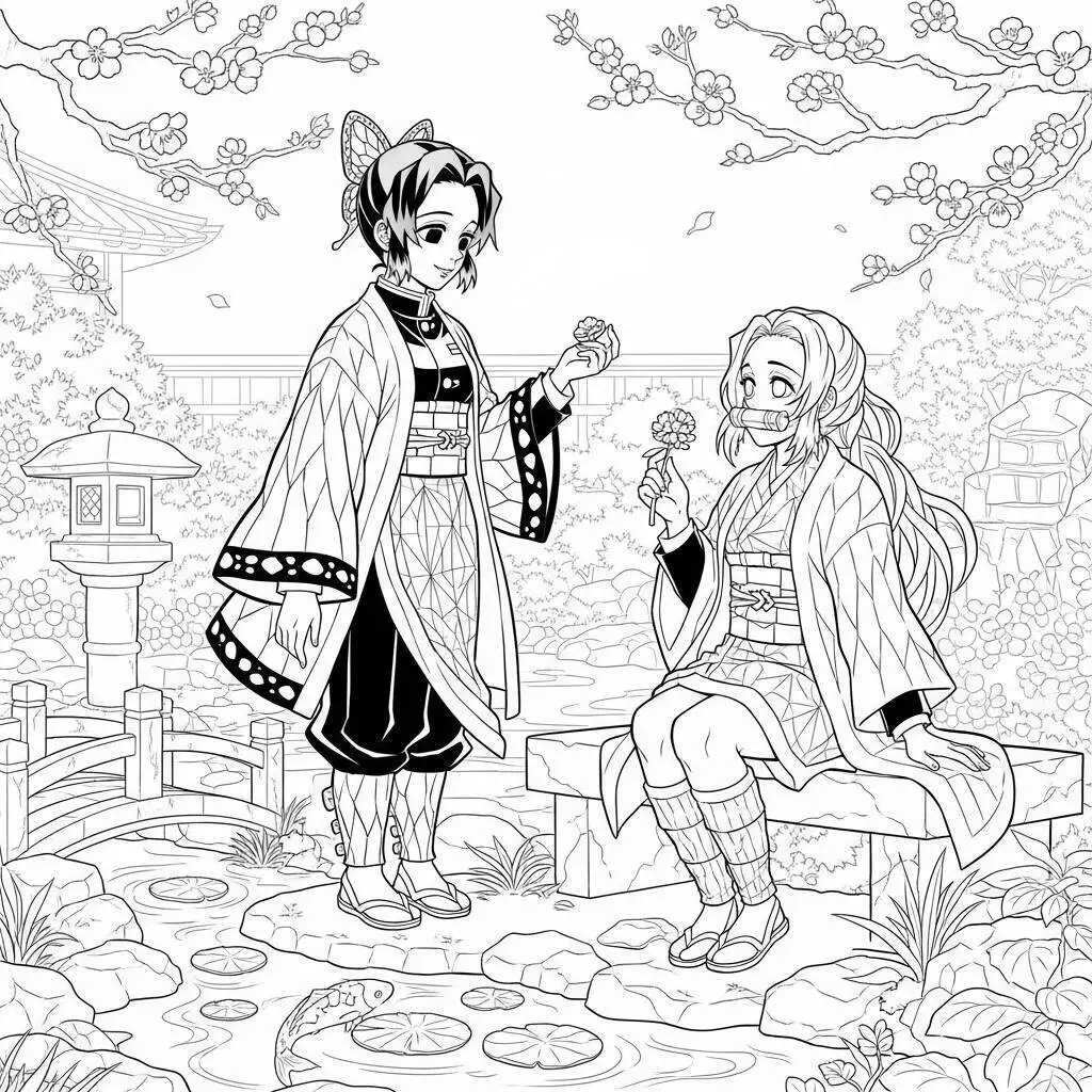 Página para colorear de asesino de demonios de Tanjiro y Nezuko Kamado