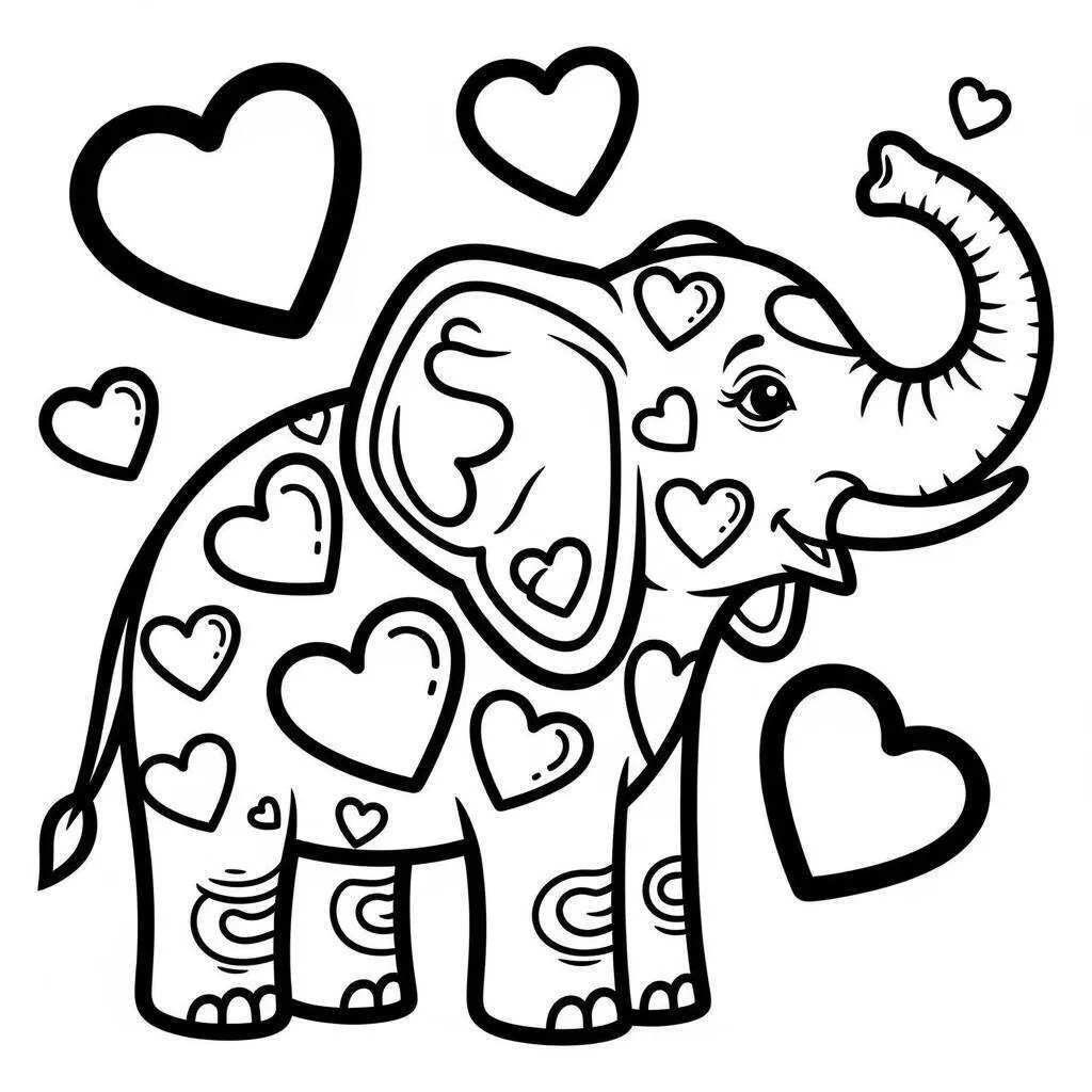 Desenho de Elefante com Corações para Colorir