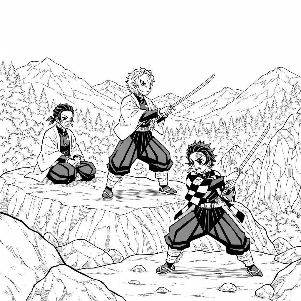 Dibujo para colorear de Tanjiro, Zenitsu e Inosuke asesino de demonios