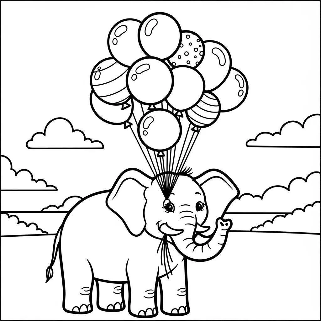 Desenho de Elefante Alegre com Balões Coloridos para Colorir