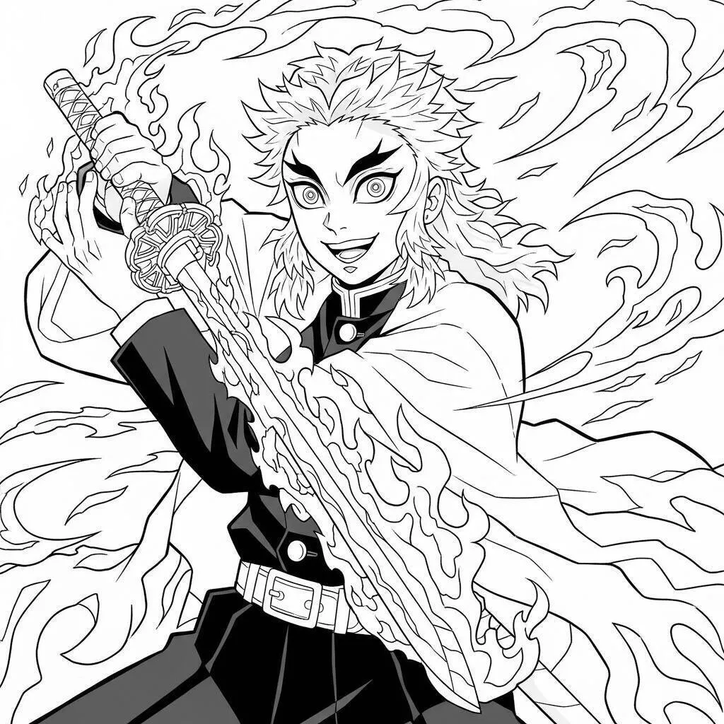 Dibujo para colorear del cazador de demonios de Rengoku Kyojuro