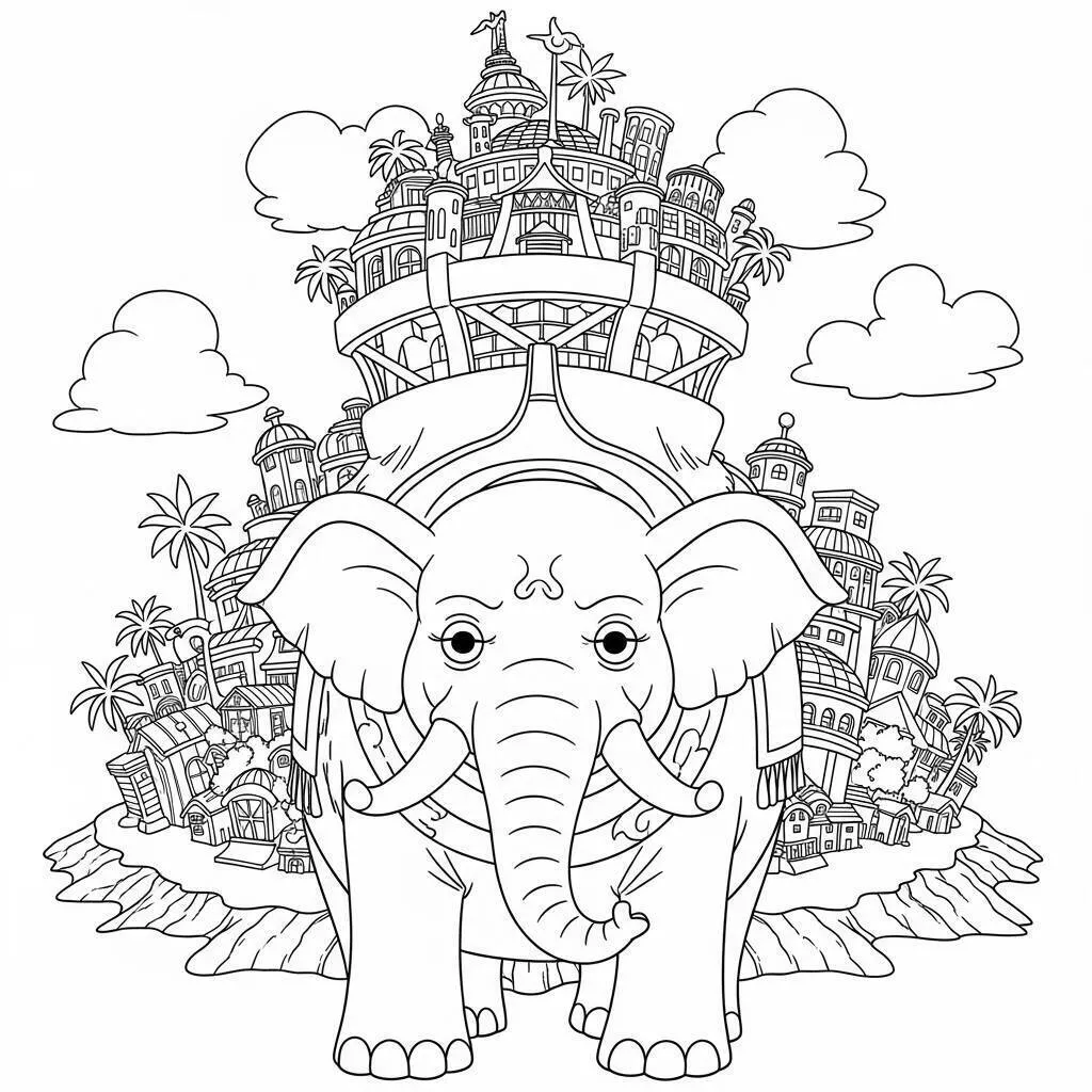 Desenho de Elefante com Cidade nas Costas para Colorir