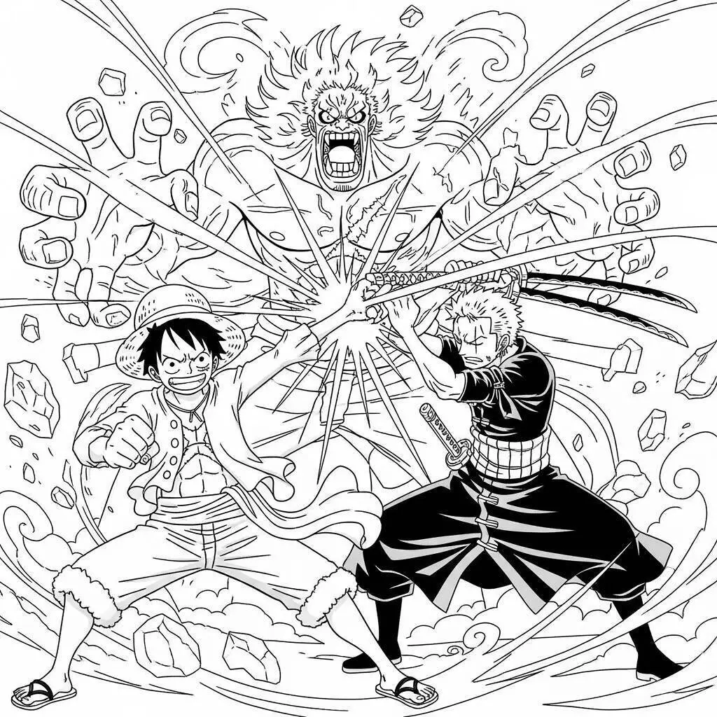 Dibujo para colorear de Una pieza Luffy y Zoro luchando contra un enemigo