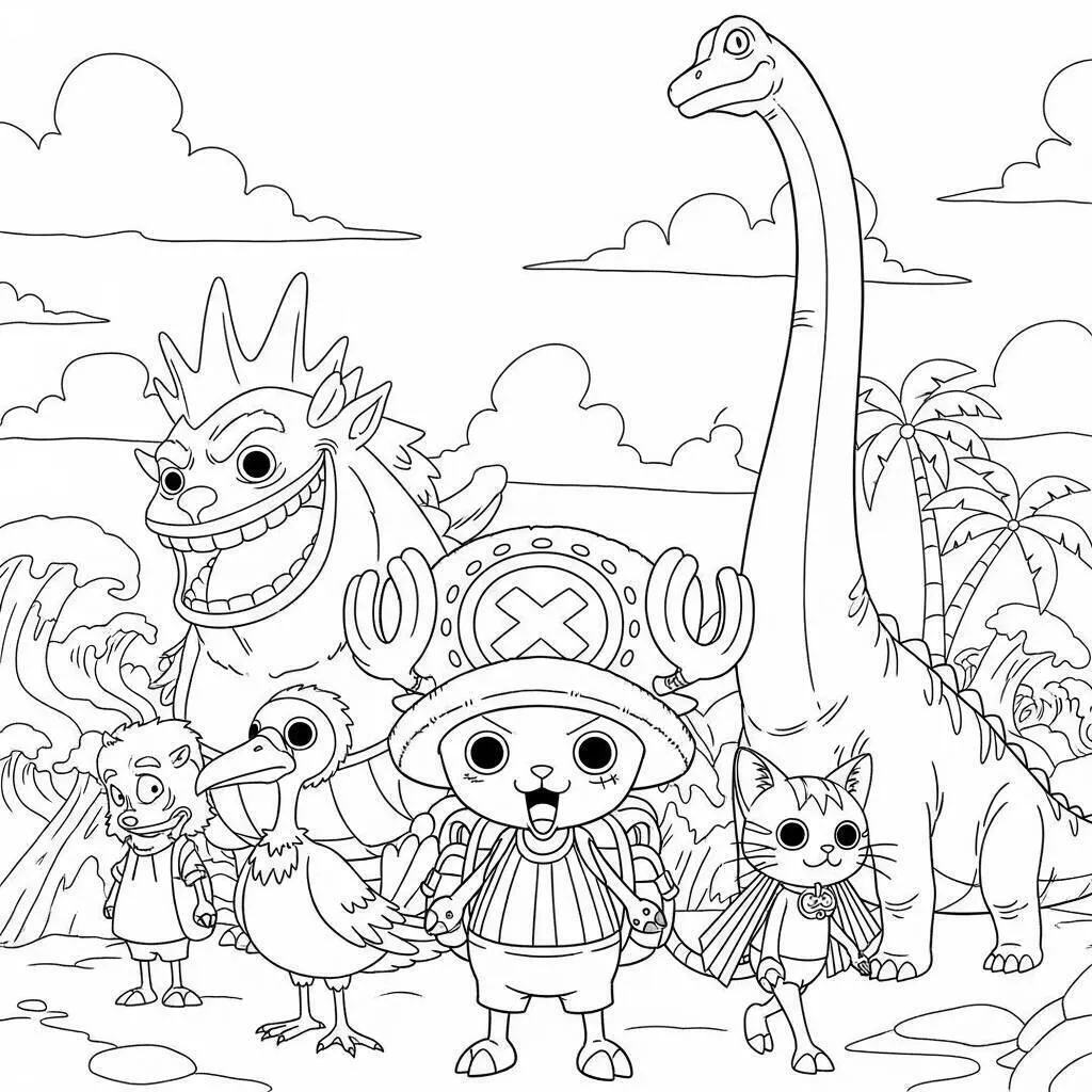Dibujo para colorear de Chopper de Una pieza con amigos