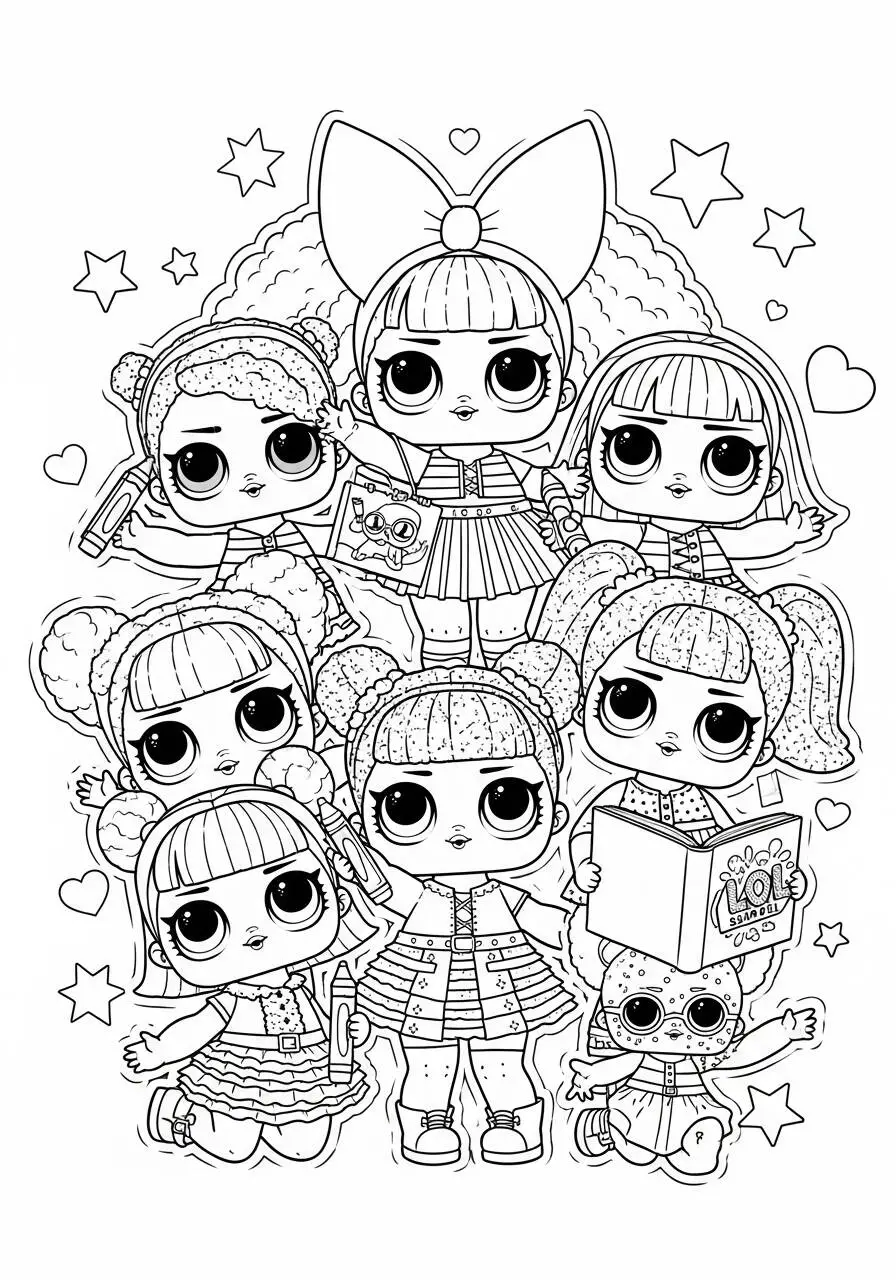 Desenho de LOL Surprise com Várias Bonecas para Colorir