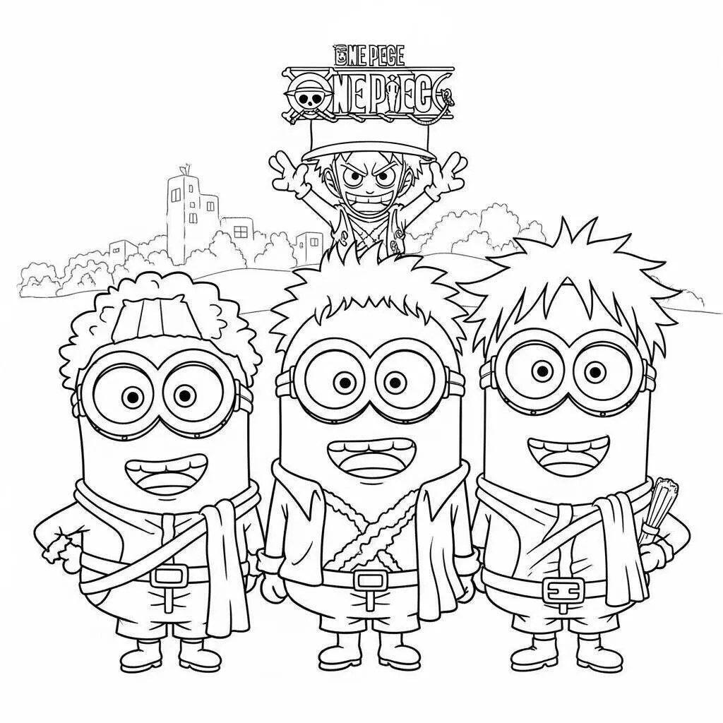 Desenho de One Piece com Minions para Colorir