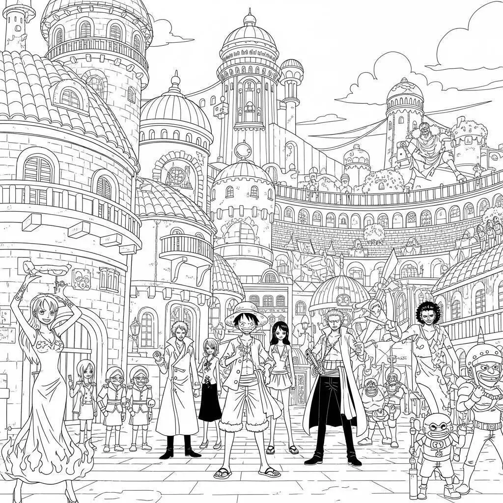 Desenho de One Piece com a Tripulação do Chapéu de Palha para Colorir