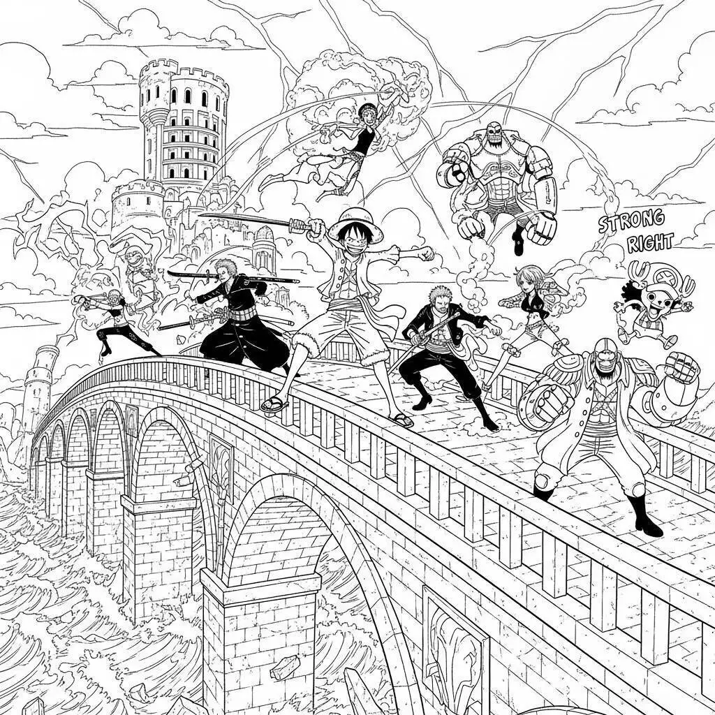 Desenho de One Piece com a Tripulação em Ação para Colorir