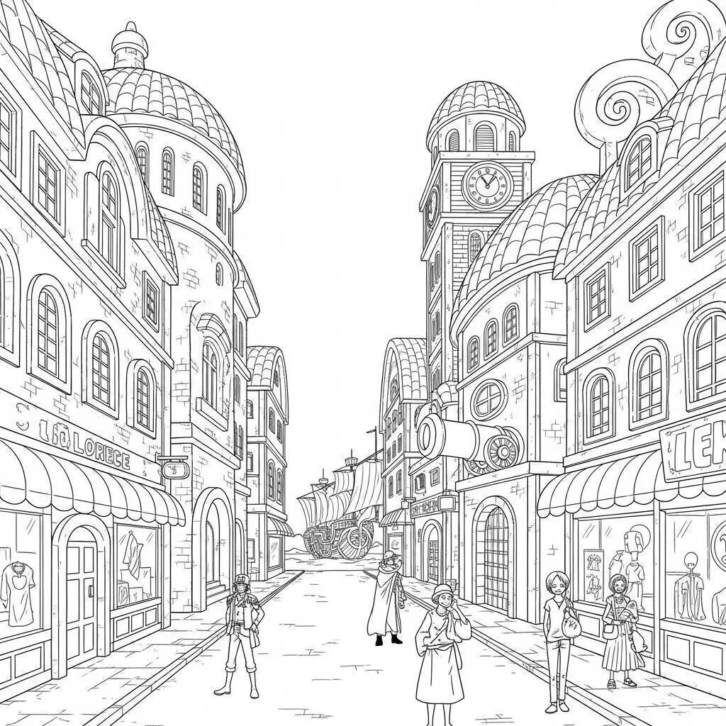 Desenho de One Piece da Vila de Water 7 para Colorir