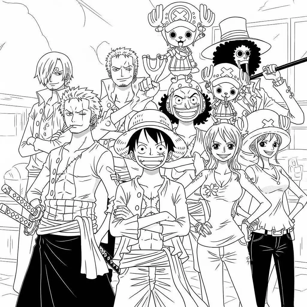 Dibujo para colorear de Una pieza con la tripulación del Sombrero de Paja