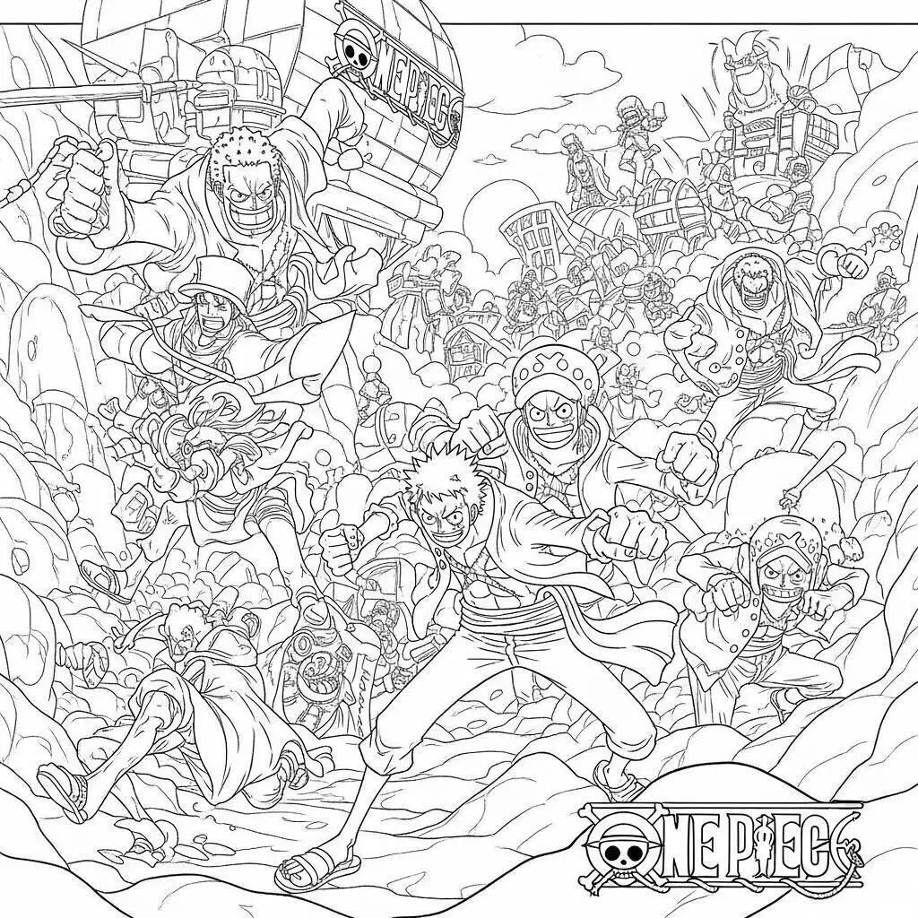 Desenho de One Piece com a Tripulação do Chapéu de Palha para Colorir