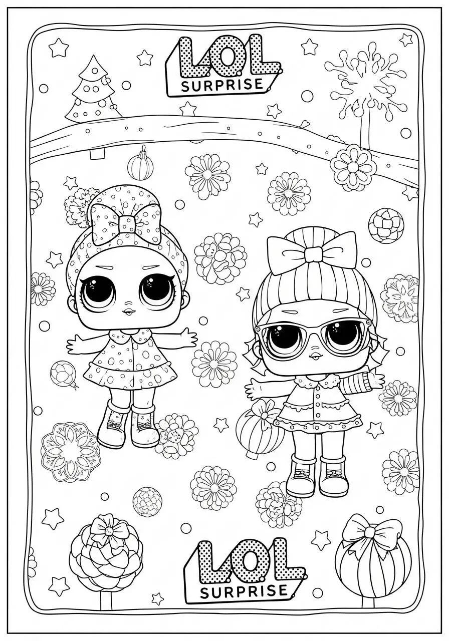 Dibujo para colorear jajaja sorpresa con muñecas y adornos navideños